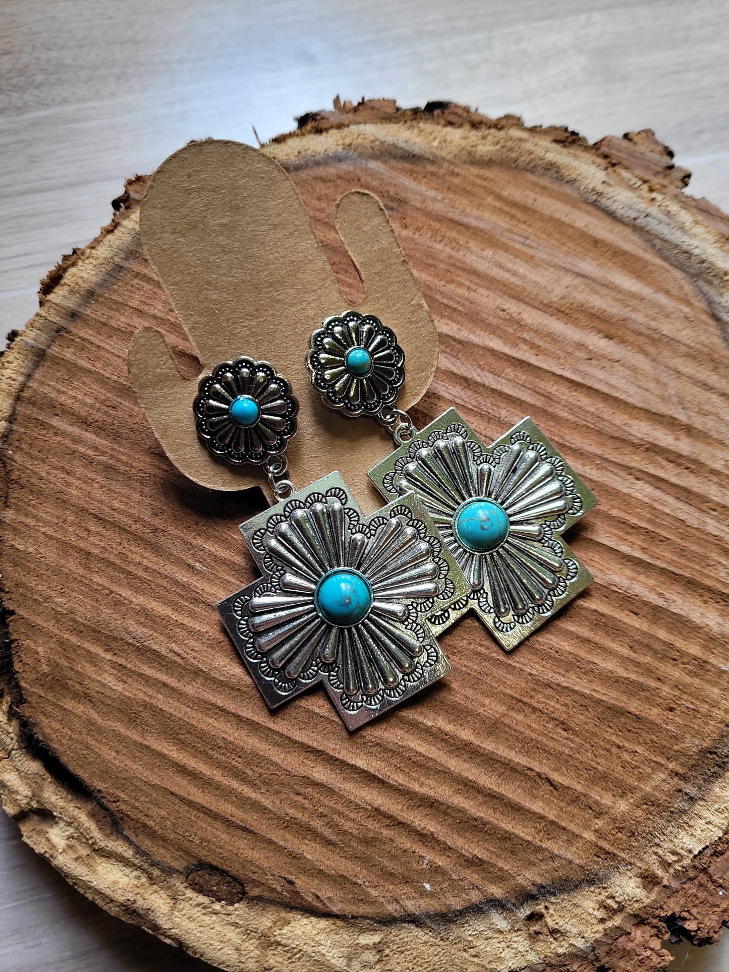 Turquoise Mosaic Floral Cross Earrings