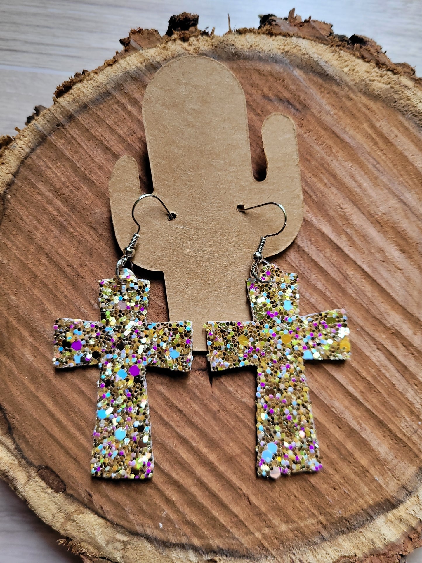 Glitter Cross Leather Earrings