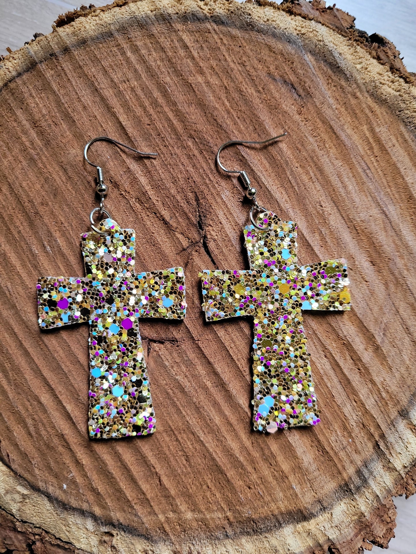 Glitter Cross Leather Earrings