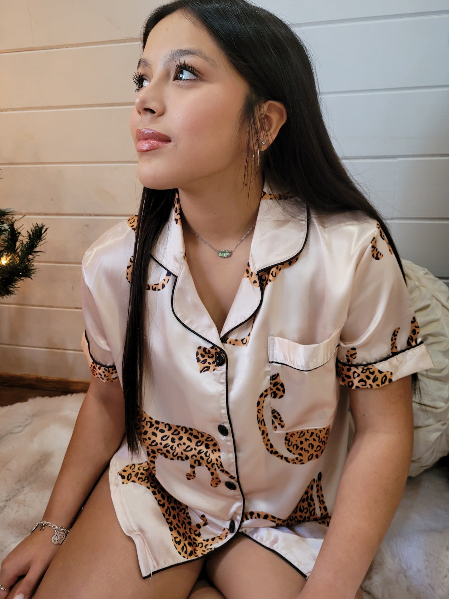 Champagne Leopard Print Satin Pajama set collection
