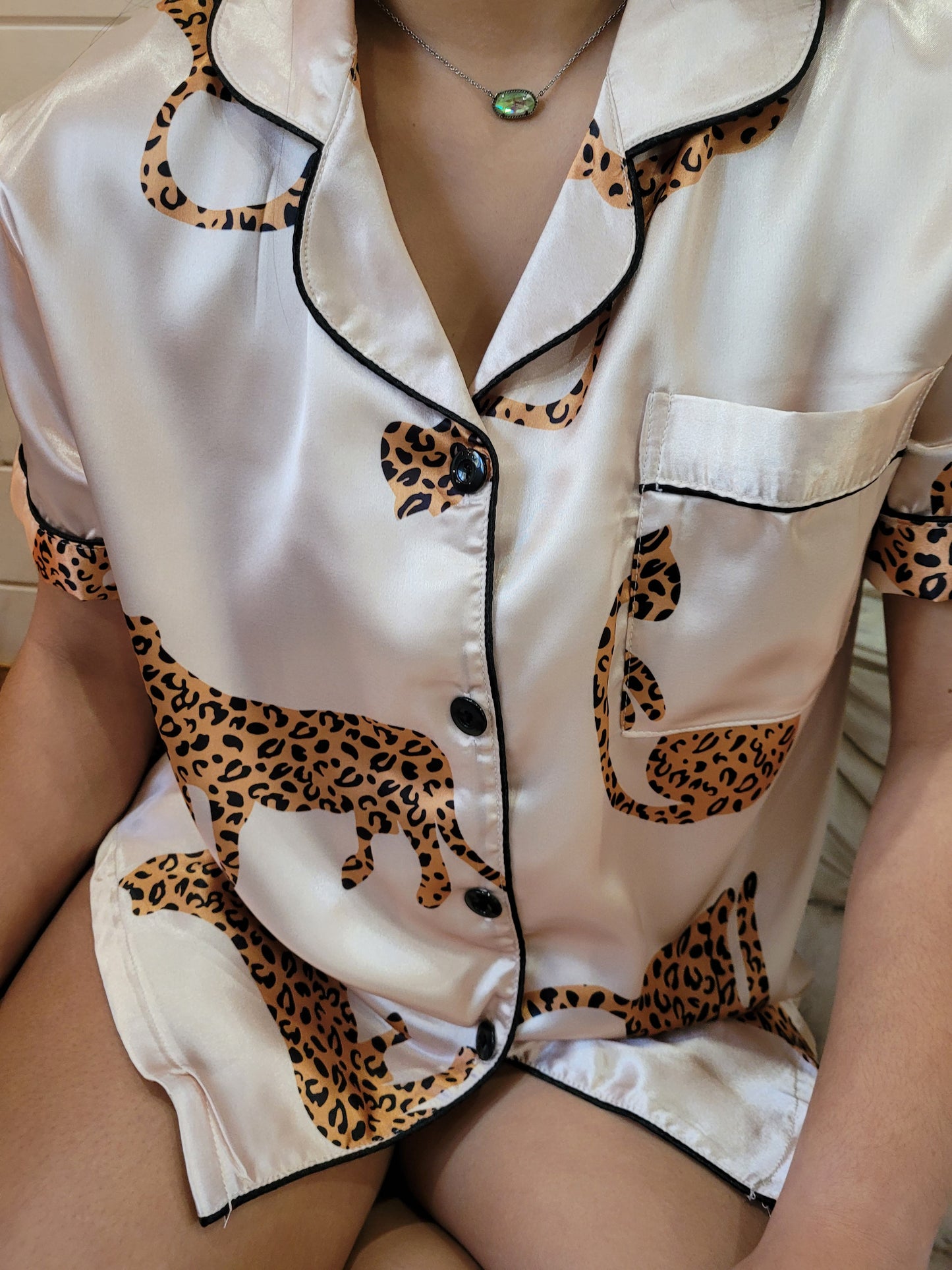 Champagne Leopard Print Satin Pajama set collection