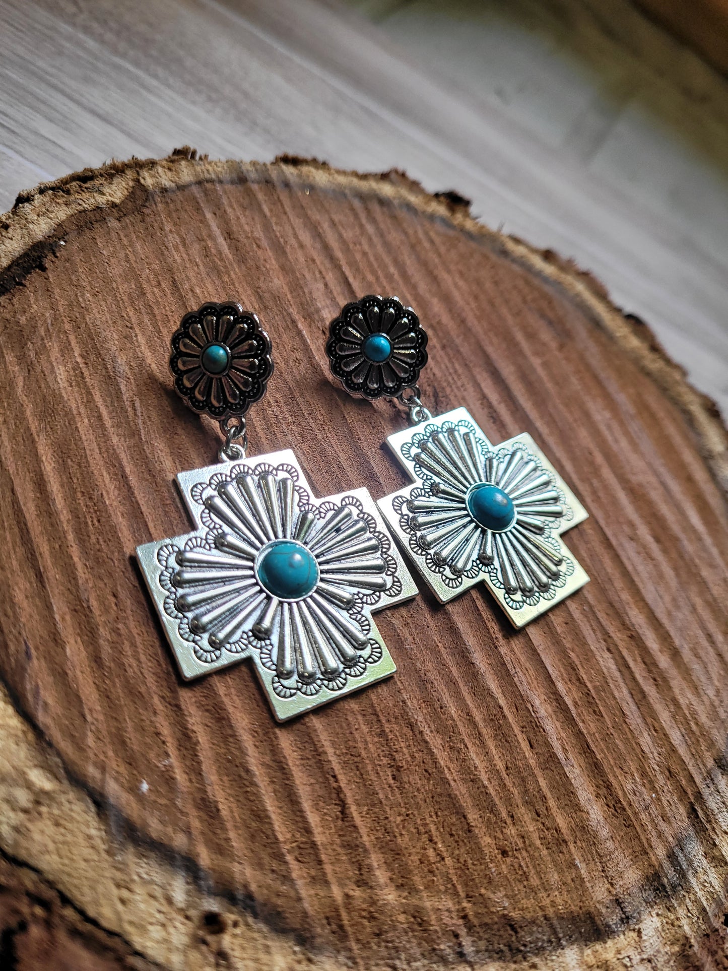 Turquoise Mosaic Floral Cross Earrings