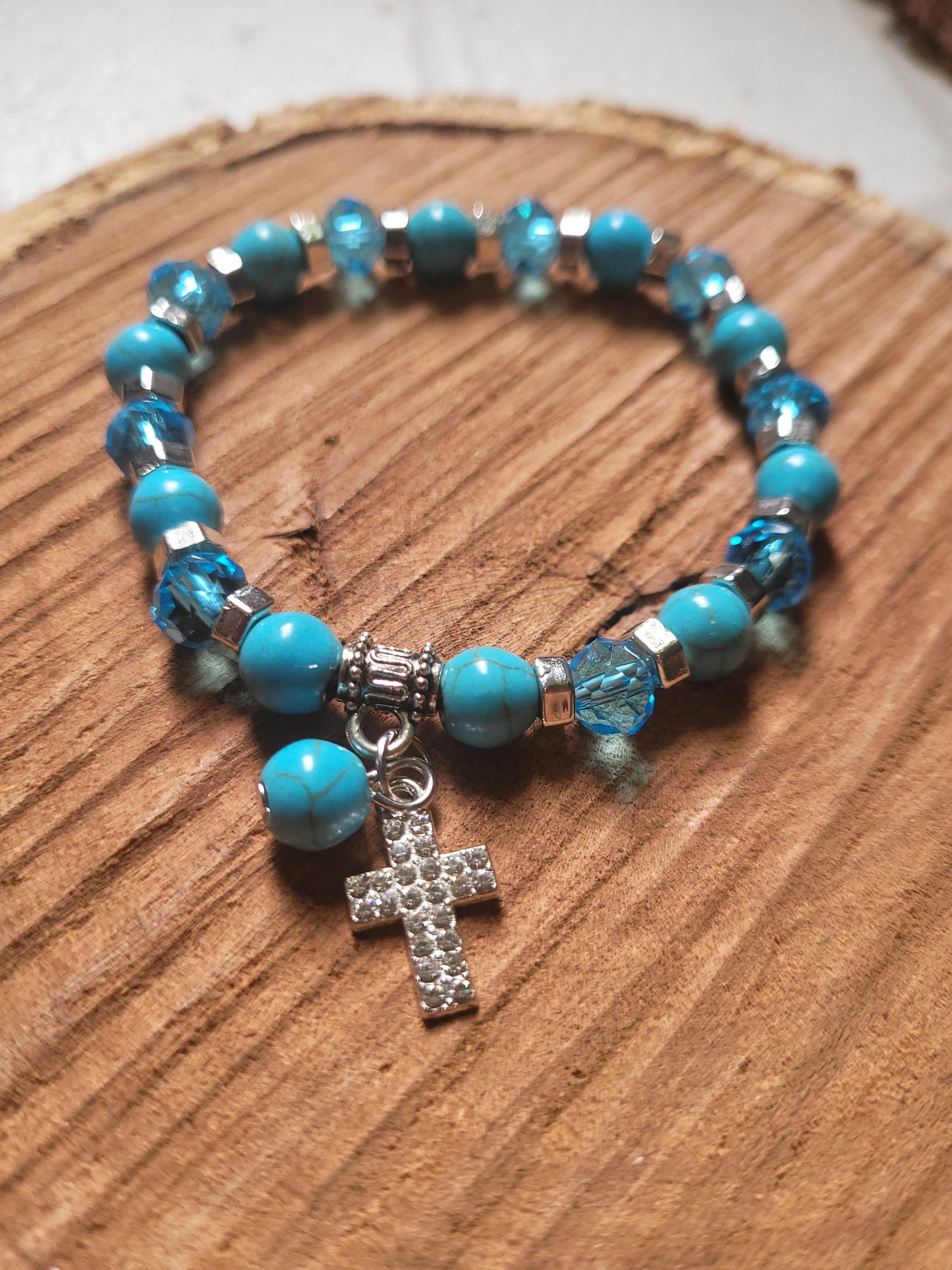 Teal Beaded Bracelet with Cross Charm