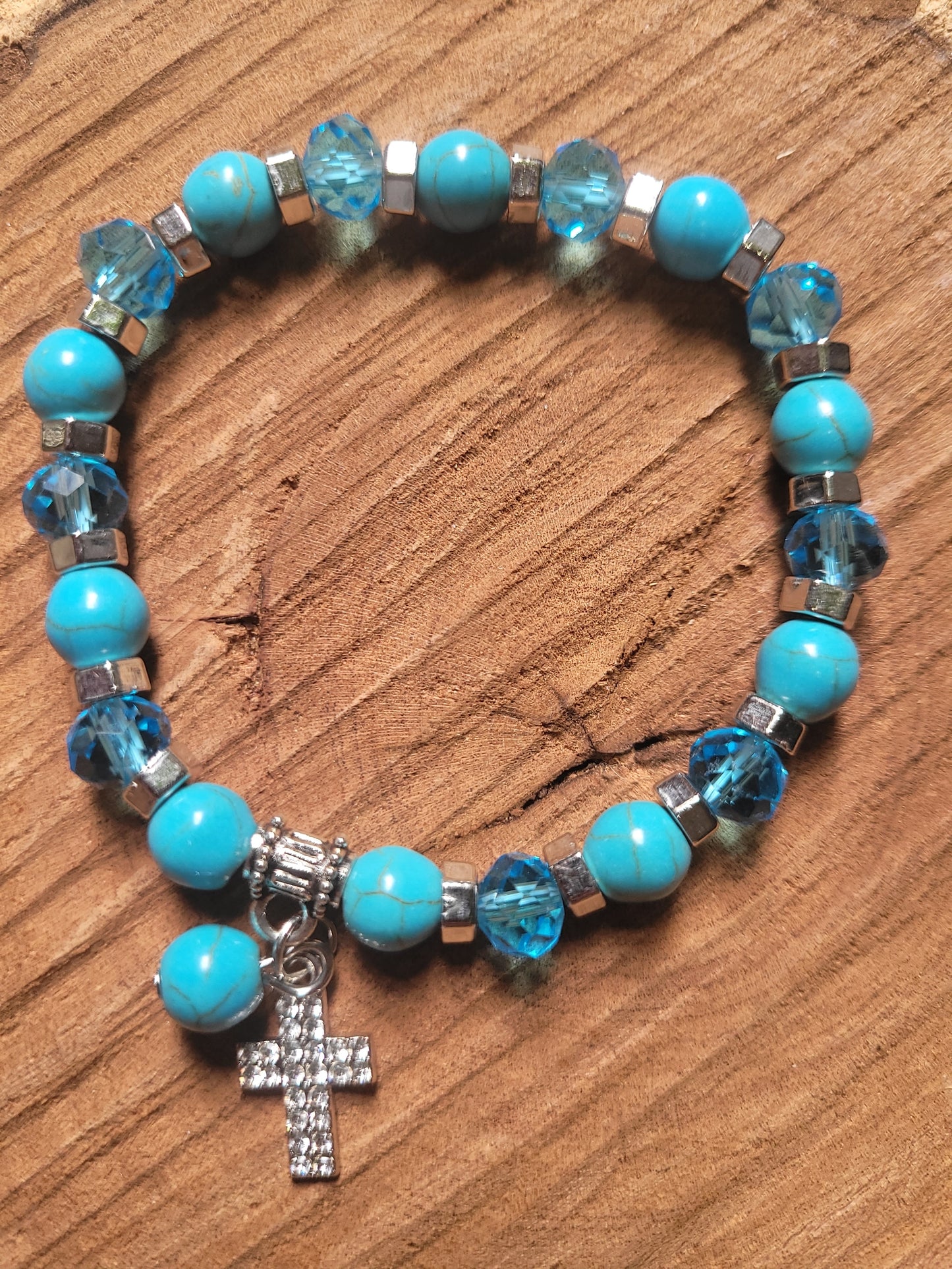 Teal Beaded Bracelet with Cross Charm
