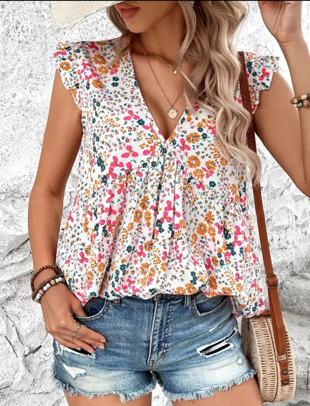 Floral V-Neck Flowy Women's Blouse
