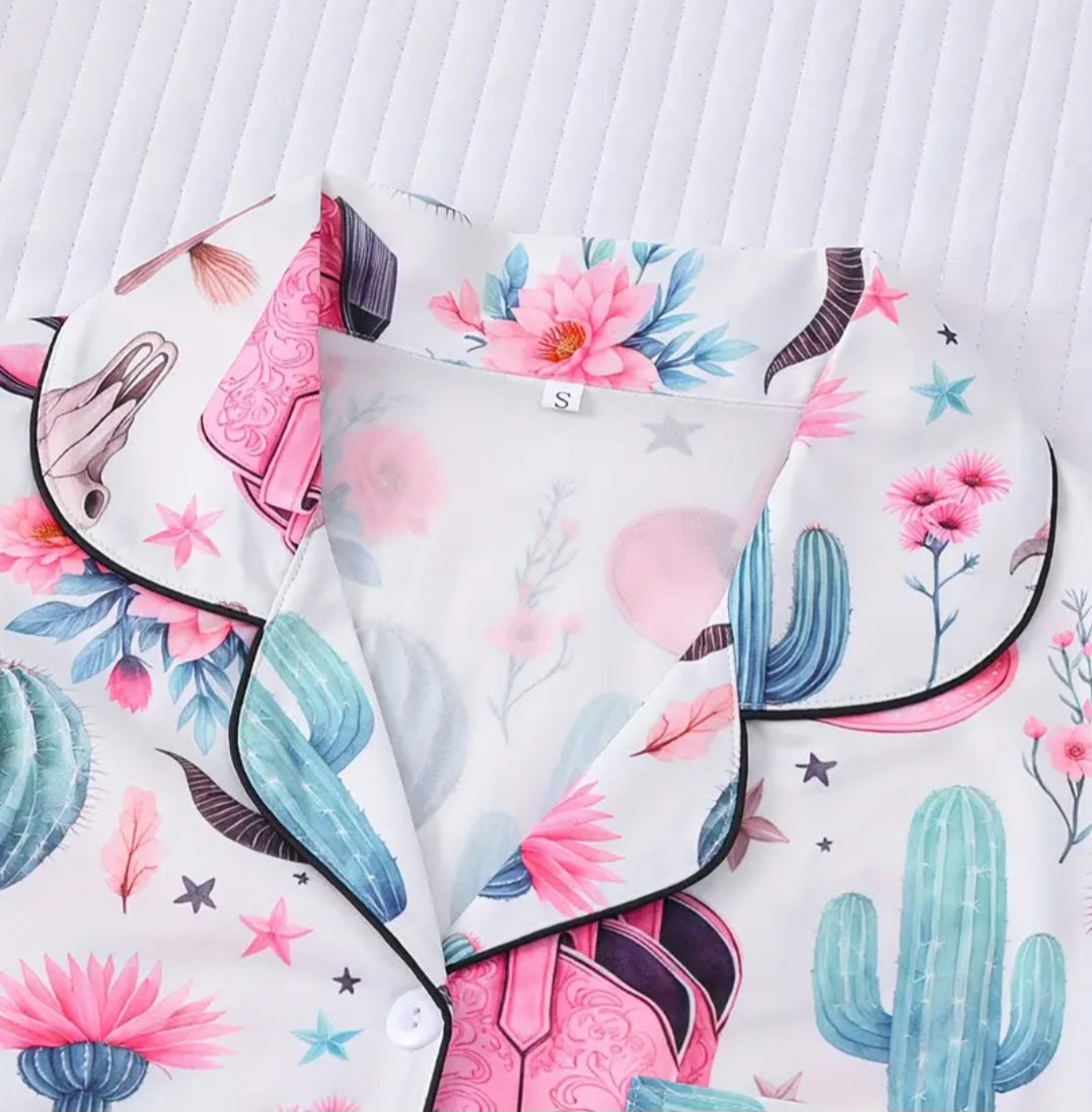 Western Pink Cactus Cowgirl Pajama Set