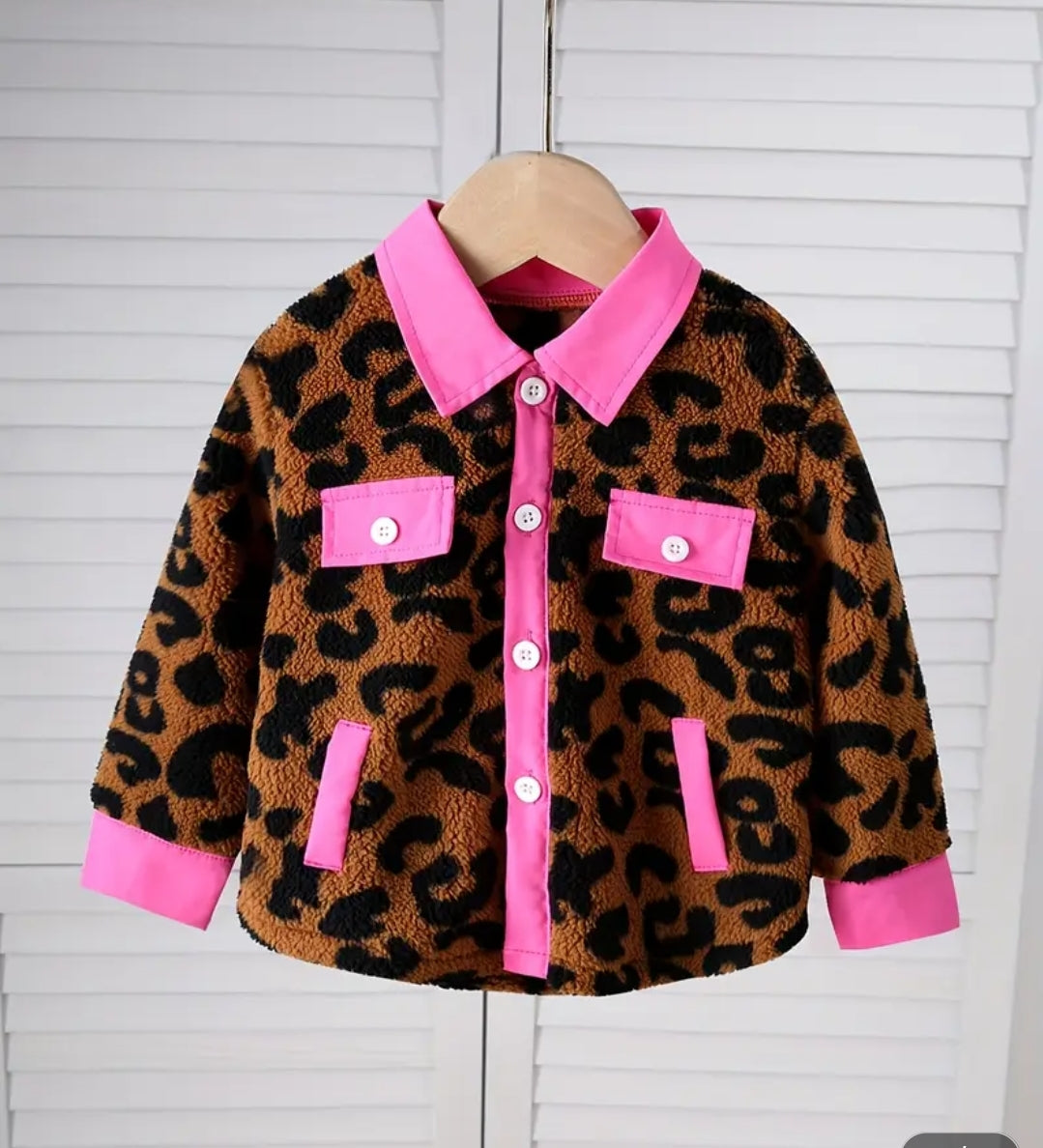 Stylish leopard print kids fleece button up Jacket