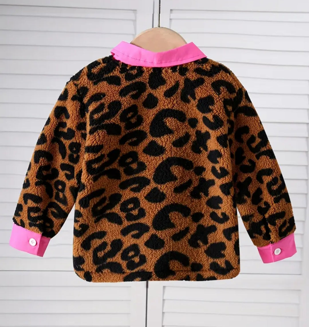 Stylish leopard print kids fleece button up Jacket