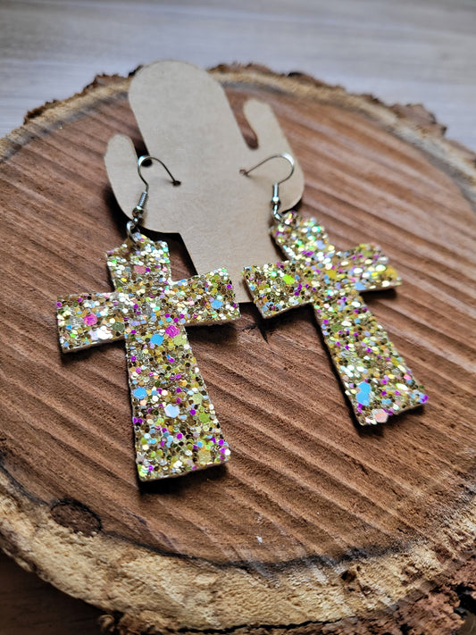 Glitter Cross Leather Earrings