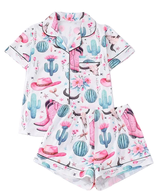 Western Pink Cactus Cowgirl Pajama Set