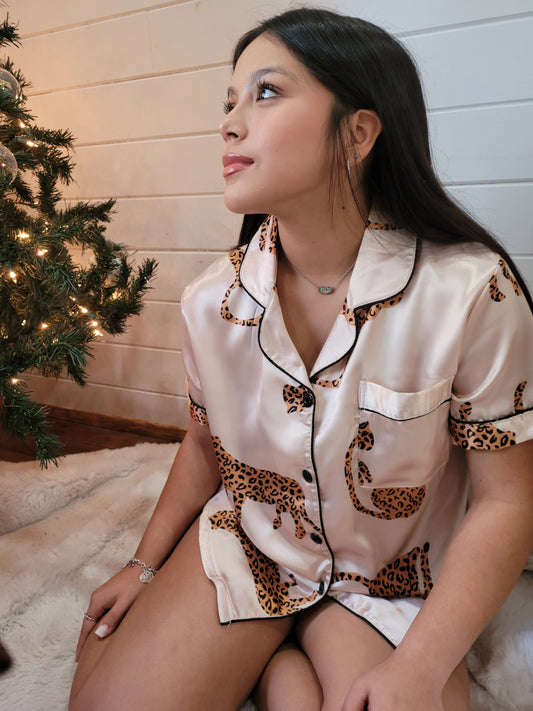 Champagne Leopard Print Satin Pajama set collection