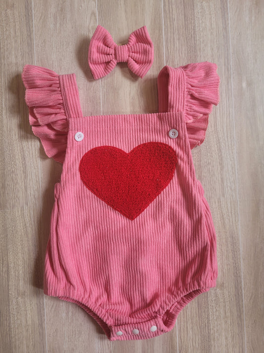 Heart Embroidery Pink Romper with Bow