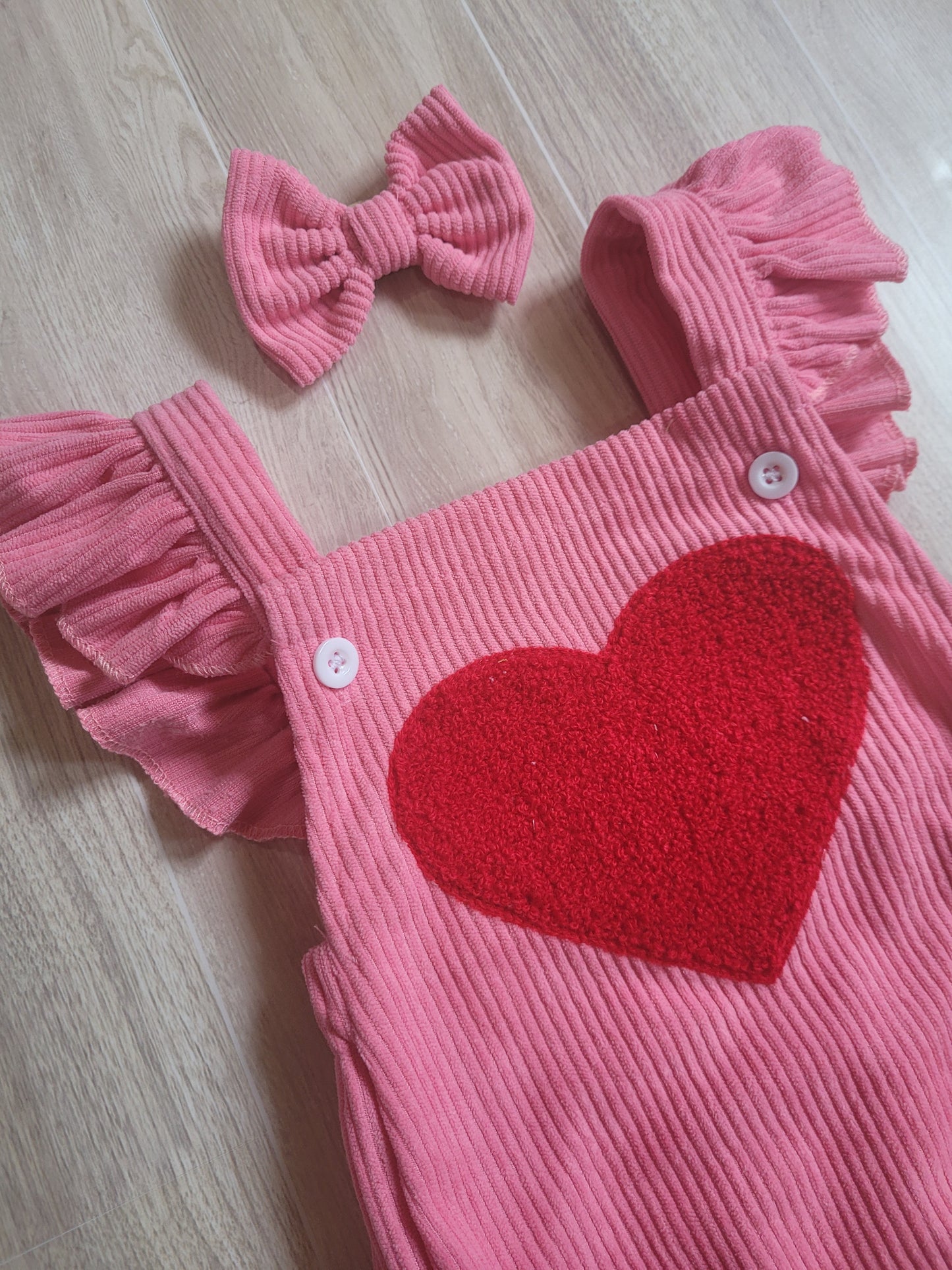 Heart Embroidery Pink Romper with Bow