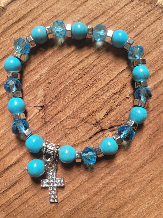Teal Beaded Bracelet with Cross Charm