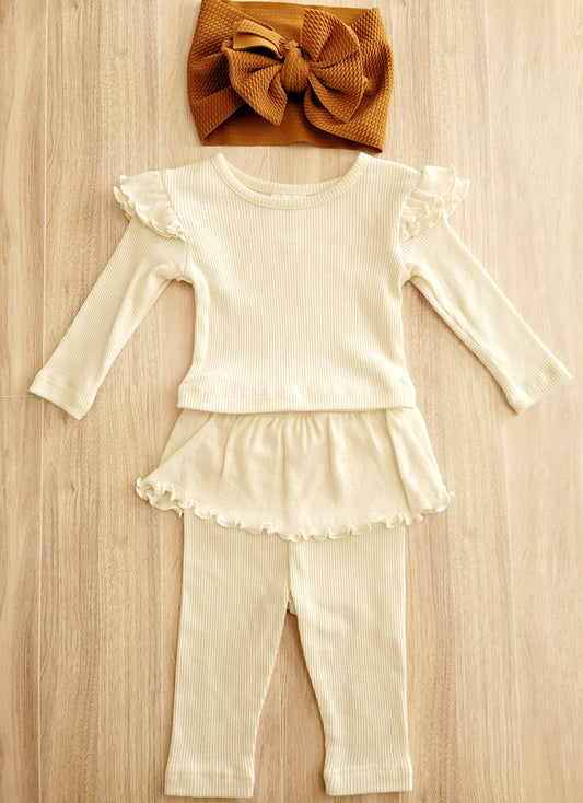Boho Cream Ruffled 2piece Baby girl long sleeve, pants set