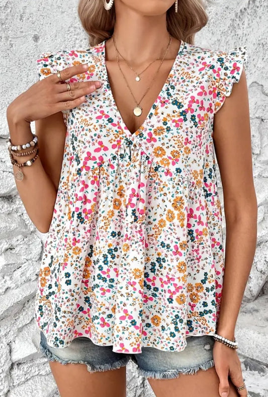 Floral V-Neck Flowy Women's Blouse