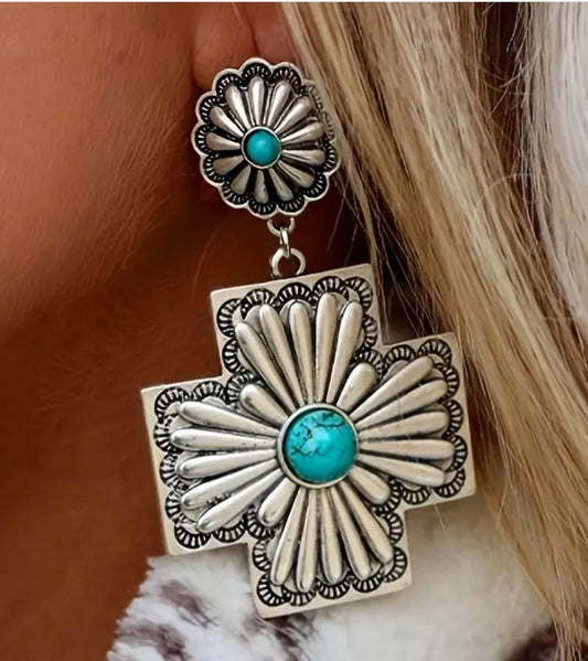 Turquoise Mosaic Floral Cross Earrings