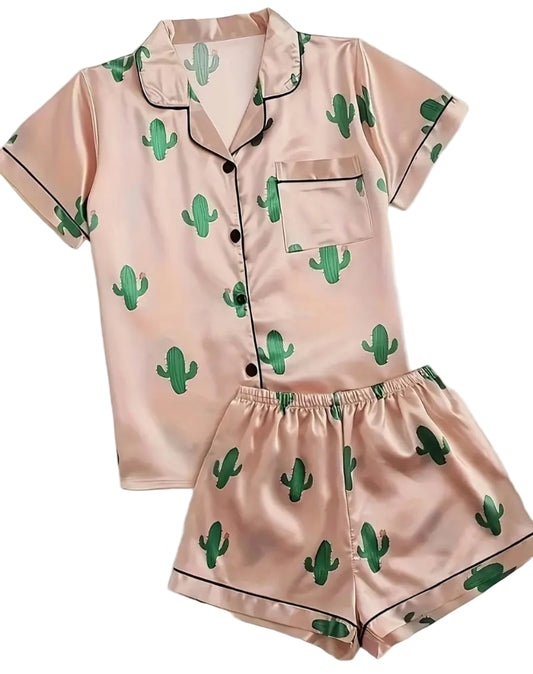 Western light pink Catus Satin Pajamas set