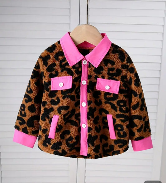 Stylish leopard print kids fleece button up Jacket